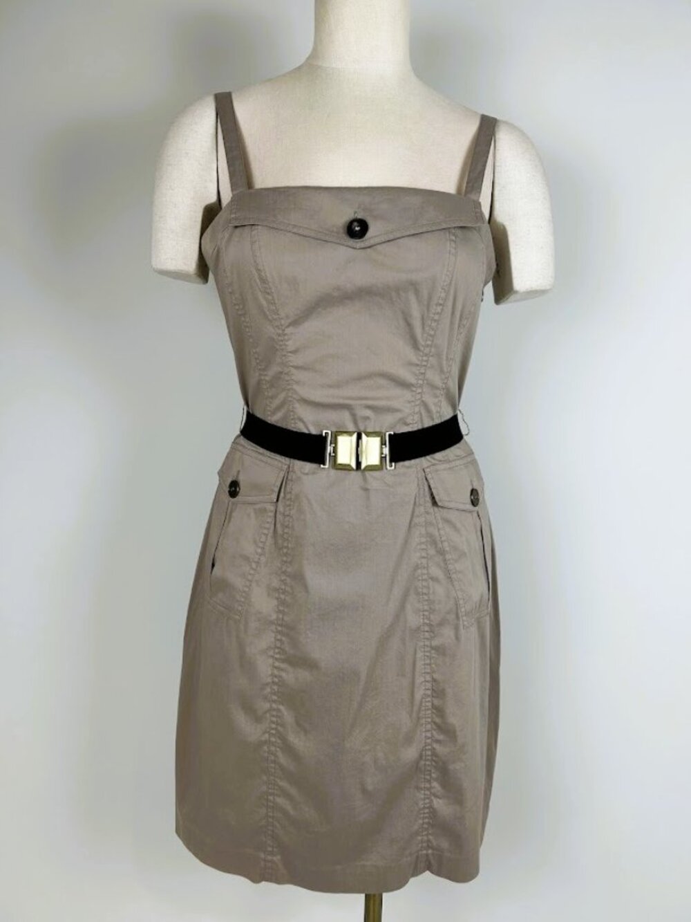 Vintage BCBG Max Azria Sand Safari Dress Belted Utility Mini Pockets Size 6 Y2K